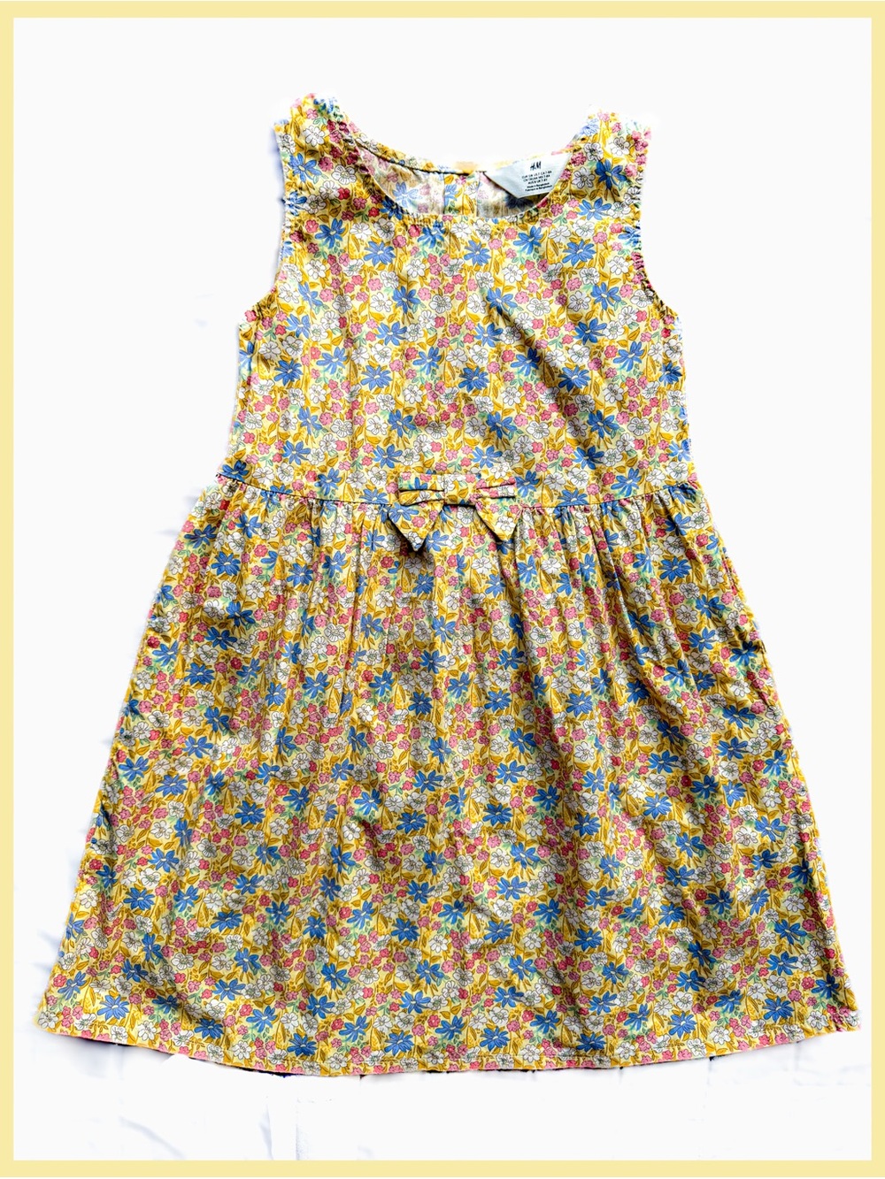 NWOT H&M Girls Yellow Ditsy Floral Sleeveless Bow Dress Size 7 Layering Church
